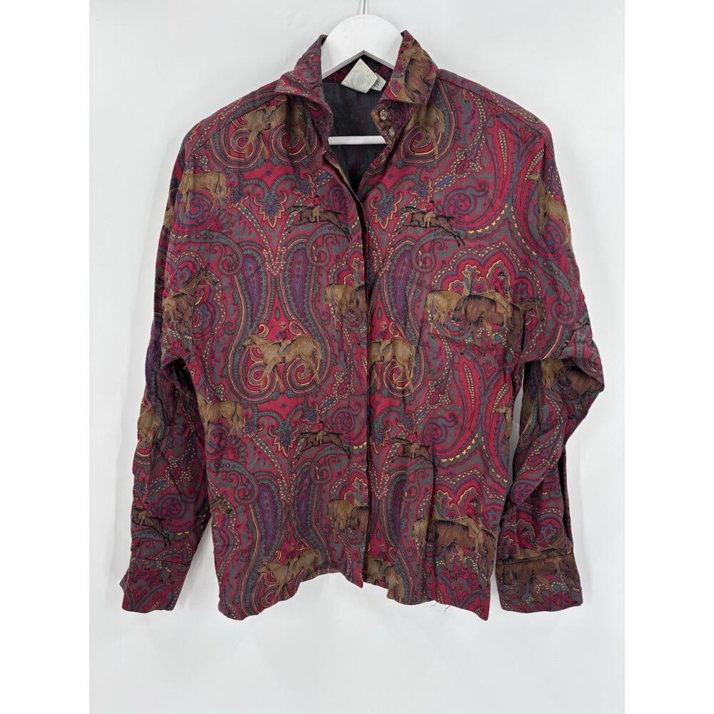 J.G. Hook Vintage Button Up Womens 10 Red Paisley Long Sleeves Horses Equestrian